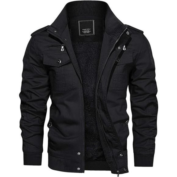 Men's Thick Fleece Cargo Jacket-Black
